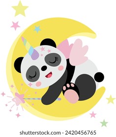 Panda de unicornio lindo durmiendo en la luna