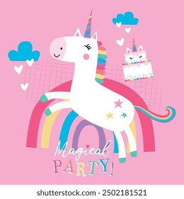 Cute Unicorn Party with Cake and Rainbow