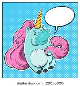 Cute unicorn in pastel colors. Vector illustration of retro pop art style. Mythical fantastic animal. Unicorn in kawaii style on blue background with bubble speak. Comic book