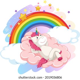 Cute unicorn in the pastel sky with rainbow illustration