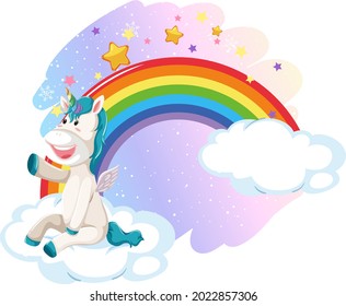 Cute unicorn in the pastel sky with rainbow illustration