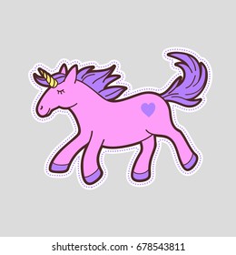 Cute unicorn patch / pin. 90s inspired sign. Pastel rainbow color unicorn. Vector illustration.