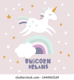 Cute unicorn pattern for baby kids children, baby apparel, fabric, textile, wallpaper, bedding, swaddles with unicorn, stars