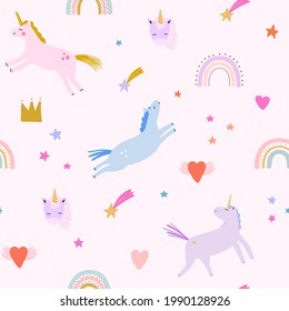 Cute unicorn pattern, girly fairy tale children’s pattern, seamless vector pattern for kids