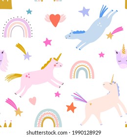 Cute unicorn pattern, girly fairy tale children’s pattern, seamless vector pattern for kids