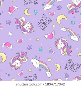 Patrón de unicornio lindo. Pequeño soñador. Ilustración de moda impresa en estilo moderno para ropa o telas y libros. El sueño se hace realidad.