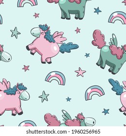 Cute unicorn pattern. Pink and blue ponies with wings. Girly seamless texture. Doodle cartoon style. Trendy textile repeate texture. Blue background. Childish decorative scandinavian design.