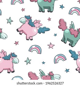 Patrón de unicornio lindo. Ponis rosas y azules con alas. Textura impecable. Estilo de dibujos animados Doodle. Los textiles de moda repiten la textura. Fondo blanco. Diseño escandinavo de decoración infantil.