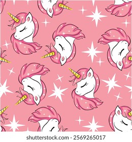 Cute unicorn pattern with stars. Seamless vector pattern. Great for kids clothes and school supplies. pink background.