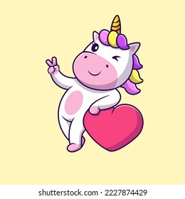 Cute Unicorn Peace Hand With Heart Love Cartoon Vector Icons Illustration. Flat Cartoon Concept. Suitable for any creative project.