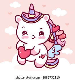 Cute Unicorn pegasus cupid vector with heart arrow pony cartoon pastel background Valentines day: Series fairy tale characters kawaii animals horse (flat Girly doodles). Perfect Nursery children,kids.