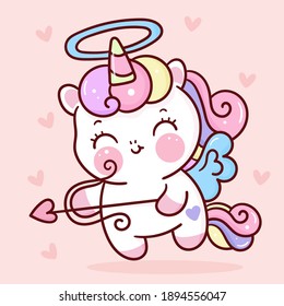 Cute Unicorn pegasus cupid vector with heart arrow pony cartoon kawaii animals pastel background Valentines day: Series fairy tale characters horse (flat Girly doodles).Perfect Nursery children, kids.