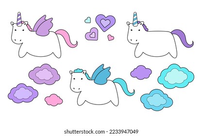 Cute unicorn and pegasus set, clouds and hearts, doodle vector illustration
