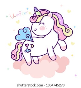 Cute Unicorn pegasus vector fly on sky with pastel cloud pony cartoon: Series fairy tale characters kawaii animals horse (flat Girly doodles). Perfect Nursery children, kids, greeting card, baby.