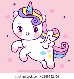 Cute Unicorn pegasus vector fly on sky pony cartoon pastel background Valentines day: Series fairy tale characters kawaii animals horse (flat Girly doodles). Perfect Nursery children, kids, greeting.