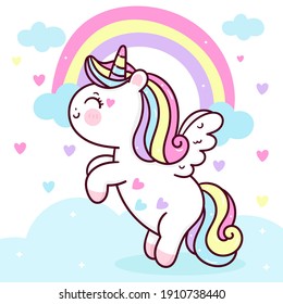 Cute Unicorn Pegasus vector fly on pastel sky with sweet rainbow and cloud pony cartoon kawaii animals background Valentines day gift: Series fairy tale characters horse (flat Girly doodles). Perfect.