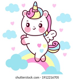 Cute Unicorn Pegasus vector fly on pastel sky with sweet rainbow cloud and heart pony cartoon kawaii animals background Valentines day gift: Series fairy tale characters horse (flat Girly doodles).