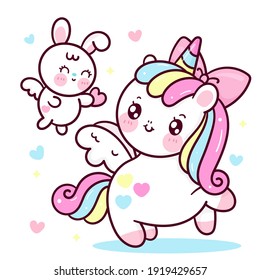 Cute Unicorn Pegasus vector fly with bunny rabbit pony cartoon kawaii animals background pastel heart Valentines day gift: Series fairy tale characters horse (flat Girly doodles). Perfect Nursery.