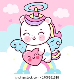 Cute Unicorn Pegasus vector holding heart fly on pastel sky with sweet cloud pony cartoon kawaii animals background  Valentines day gift: Series fairy tale characters horse (flat Girly doodles). 