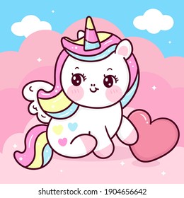 Cute Unicorn pegasus vector on sky with sweet heart pony cartoon kawaii animals pastel background  Valentines day gift: Series fairy tale characters horse (flat Girly doodles). Perfect Nursery child.