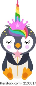 Cute unicorn penguin holding star magic wand
