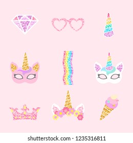 Cute unicorn photo booth party props vector