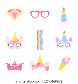 Cute unicorn photo booth party props vector