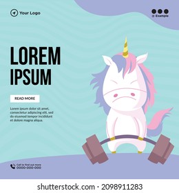 Cute unicorn is picking up dumbbells. Banner design template of unicorn.