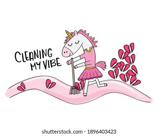 Cute unicorn in pink dress cleaning broken hearts on her way cute cartoon drawing and slogan text design for fashion graphics, t shirt prints, posters, stickers