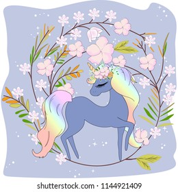 Cute unicorn in pink floral frame,illustration vector by freehand doodle comic art