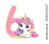 Cute unicorn with pink and golden number 6 isolated on white background. Happy Birthday concept. Vector illustration in flat cartoon style