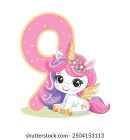 Lindo unicornio con rosa y dorado número 9 aislado sobre fondo blanco. Concepto de feliz cumpleaños. Ilustración vectorial en estilo plano de dibujos animados