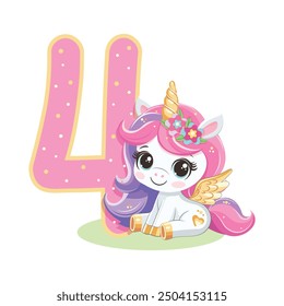 Cute unicorn with pink and golden number 4 isolated on white background. Happy Birthday concept. Vector illustration in flat cartoon style