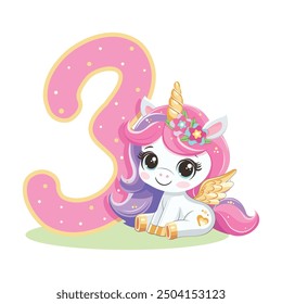 Cute unicorn with pink and golden number 3 isolated on white background. Happy Birthday concept. Vector illustration in flat cartoon style