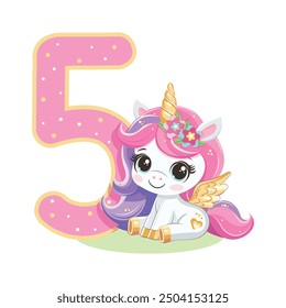 Cute unicorn with pink and golden number 5 isolated on white background. Happy Birthday concept. Vector illustration in flat cartoon style