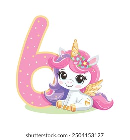 Lindo unicornio con rosa y dorado número 6 aislado sobre fondo blanco. Concepto de feliz cumpleaños. Ilustración vectorial en estilo plano de dibujos animados