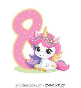 Cute unicorn with pink and golden number 8 isolated on white background. Happy Birthday concept. Vector illustration in flat cartoon style