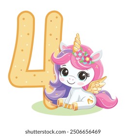 Cute unicorn with pink and golden number 4 isolated on white background. Happy Birthday concept. Vector illustration in flat cartoon style