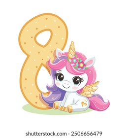 Cute unicorn with pink and golden number 8 isolated on white background. Happy Birthday concept. Vector illustration in flat cartoon style