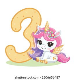 Cute unicorn with pink and golden number 3 isolated on white background. Happy Birthday concept. Vector illustration in flat cartoon style