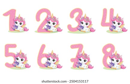 Cute unicorn with pink and golden numbers isolated on white background. Happy Birthday concept. Vector illustration in flat cartoon style