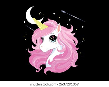 Cute unicorn with pink hair surrounded by stars, fantasy design for children´s, stickers, decorations, and T-shirt designs, magical designs, etc.