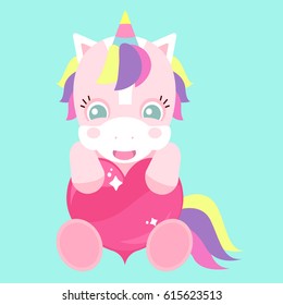 A cute unicorn with a pink heart. Rainbow banner. Children's character. St. Valentine's Day