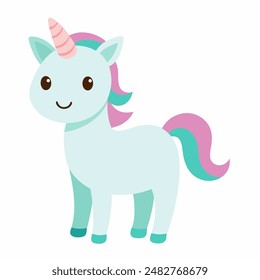 A cute unicorn with a pink horn and tail stands on a white background