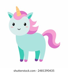 A cute unicorn with a pink mane and tail stands on a white background