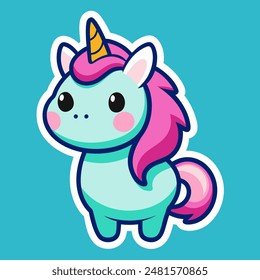 A cute unicorn with a pink mane and tail against a blue background