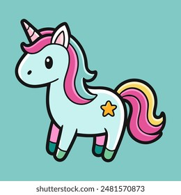 A cute unicorn with a pink mane and tail is on a blue background