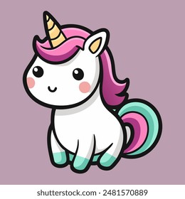 A cute unicorn with pink mane and tail on purple background