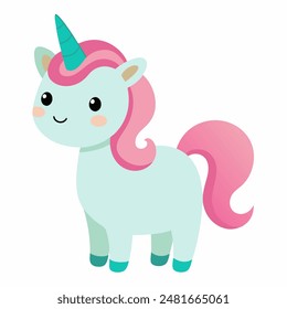 A cute unicorn with a pink mane and tail on white background