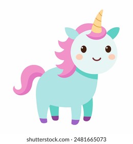 A cute unicorn with a pink mane and tail on a white background